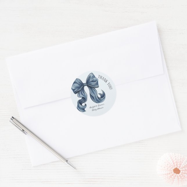 Adesivo Redondo Blue Striped Bow Baby Shower Thank You (Envelope)