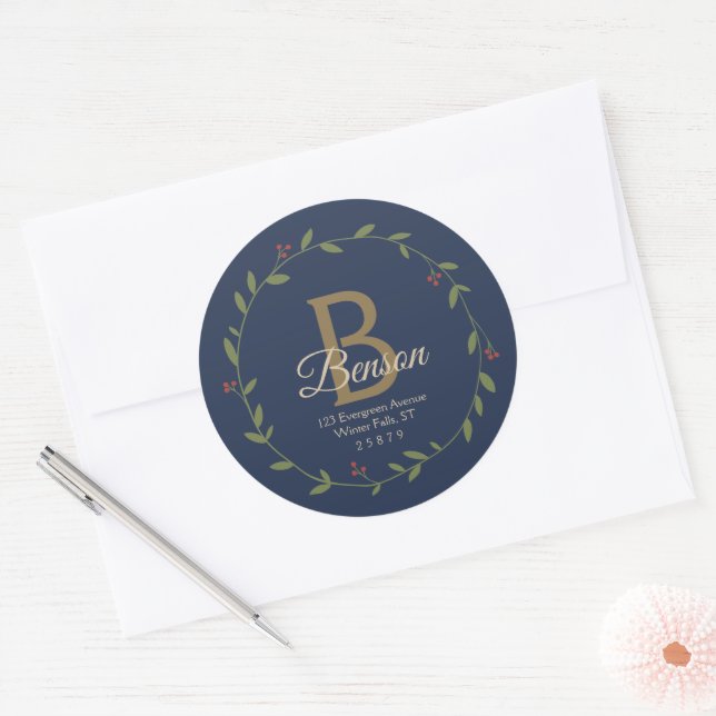 Adesivo Redondo Blue Tan Monograma SVG Endereço de Fim de Natal (Envelope)