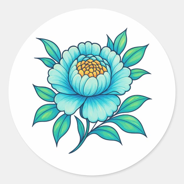 Adesivo Redondo Blue Teal Floral Sticker | Elegant Botanical (Frente)