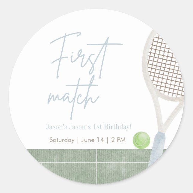 Adesivo Redondo Blue Tennis First Birthday Preppy Boy Party Round (Frente)