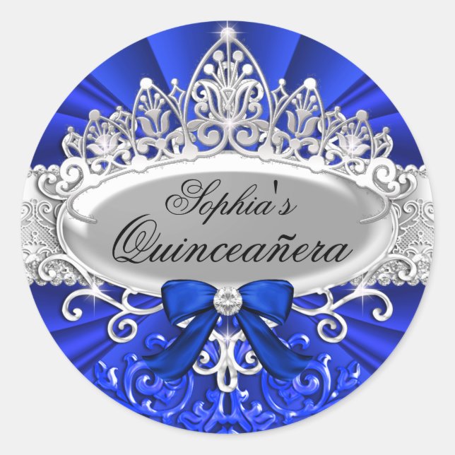 Adesivo Redondo Blue Tiara & Damask Quinceanera Sticker (Frente)