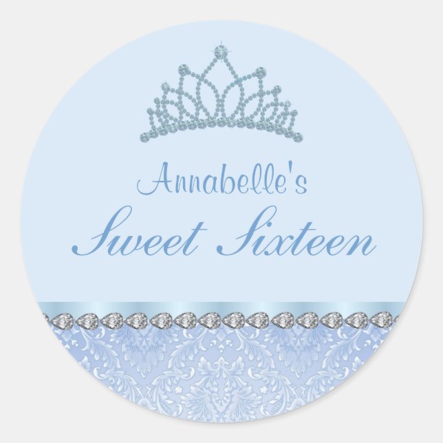 Adesivo Redondo Blue Tiara & Damask Sweet16 Sticker (Frente)