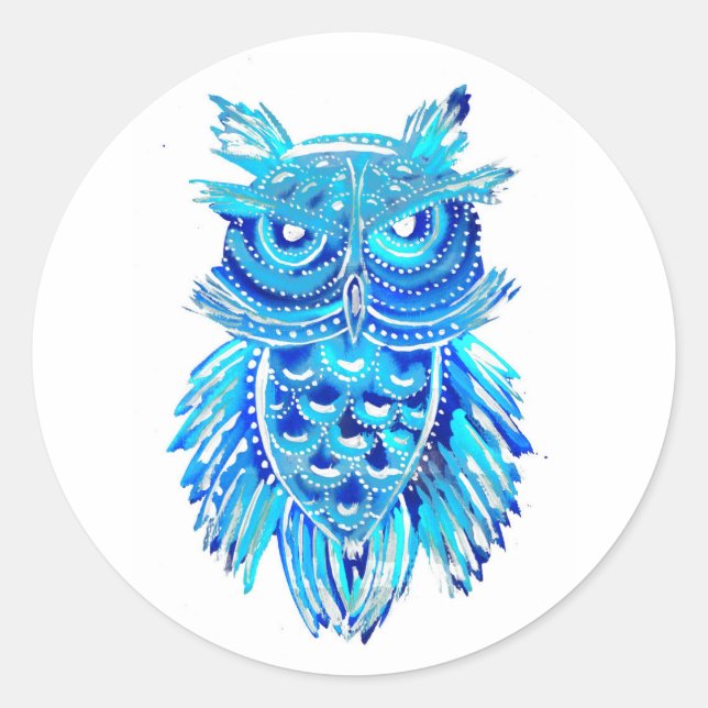 Adesivo Redondo Blue Tribal Owl (Frente)