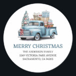 Adesivo Redondo Blue Truck Merry Christmas Return Labs<br><div class="desc">Crie belas etiquetas de endereço de volta de Natal com uma cor d'água azul de caminhão carregando presentes no Natal. Personalize facilmente estas bonitas etiquetas de Natal com o seu nome e endereço familiar.</div>