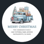 Adesivo Redondo Blue Truck Merry Christmas Return Labs<br><div class="desc">Crie belas etiquetas de endereço de volta de Natal com uma cor d'água azul de caminhão carregando presentes no Natal. Personalize facilmente estas bonitas etiquetas de Natal com o seu nome e endereço familiar.</div>
