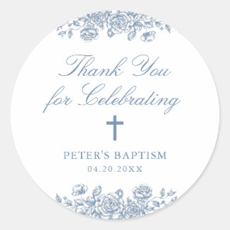 Adesivo Redondo Blue Vintage Floral Cross Baptism Obrigado Present