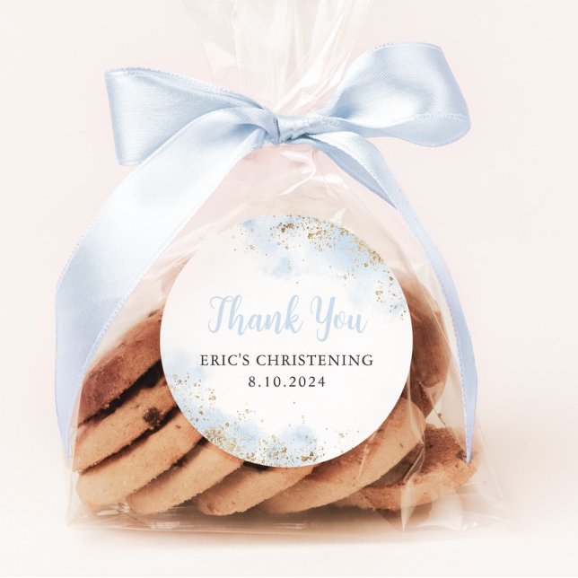 Adesivo Redondo Blue Watercolor Dourado Boy Christening Baptism (Baptism Favor Stickers | Matching items available)