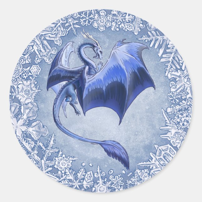 Adesivo Redondo Blue Winter Dragon Fantasy Art (Frente)