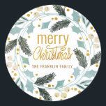 Adesivo Redondo Blue Yellow Winter Greenery Merry Christmas Name<br><div class="desc">Bonito azul e amarelo inverno verde natalino vinheta de férias de Natal com texto em uma letra de guião engraçada,  "Feliz Natal". Personalizado com seu nome ou nome de família. Estes adesivos são perfeitos para selagens de envelopes ou embrulho de presentes.</div>