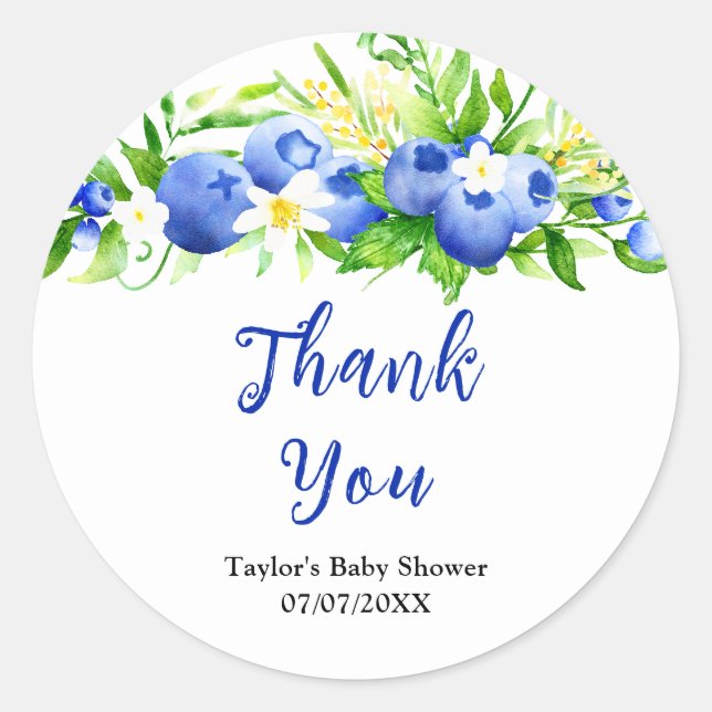 Adesivo Redondo Blueberry Floral Baby Shower Thank You (Frente)