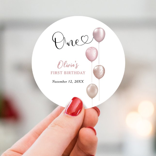 Adesivo Redondo Blush Balloons Girl Primeiro Aniversário (Criador carregado)