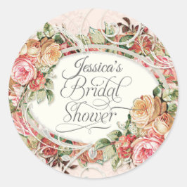 Adesivo Redondo Blush de Chá de panela Elegante de Rosa Floral Vin