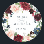 Adesivo Redondo Blush de Marinho Borgonha Floral Personalizado<br><div class="desc">Vinheta Personalizada de Etiquetas com Marinho Borgonha Floral</div>