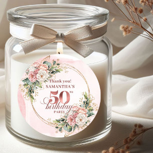 Adesivo Redondo Blush de Rosa Dourado Flora Verde 50º Aniversário