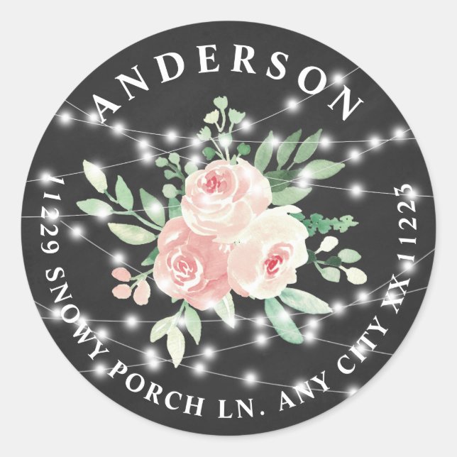 Adesivo Redondo Blush Floral Buquê String Luzes retornam (Frente)