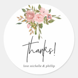Adesivo Redondo Blush floral de aquarela e Rosa Dourado Obrigado