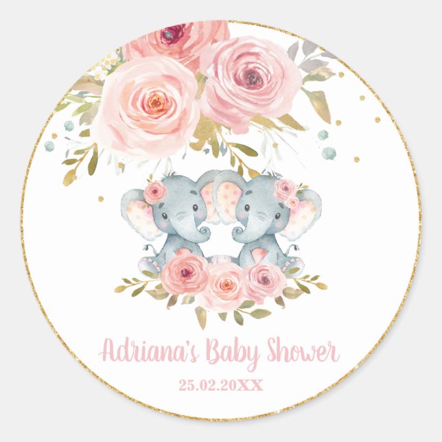 Adesivo Redondo Blush Floral Elephant Twins Baby Girl Favor do Chá (Frente)