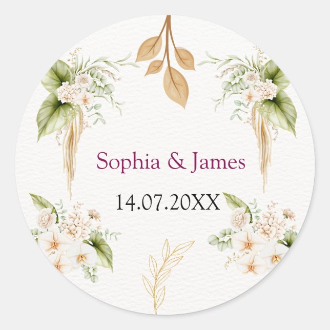 Adesivo Redondo Blush Floral Gold Geometric wedding (Frente)