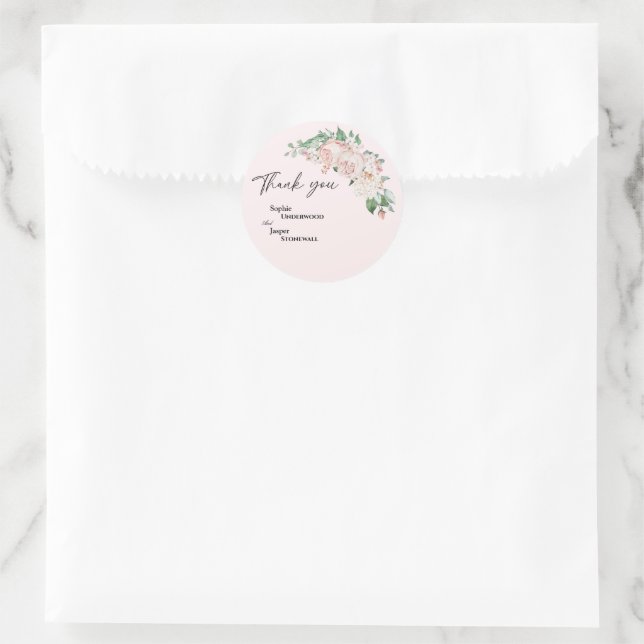 Adesivo Redondo Blush Floral Pink Casamento Obrigado Sticker (Bolsa)