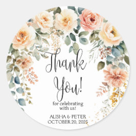 Adesivo Redondo Blush Floral Watercolor Flor Obrigado