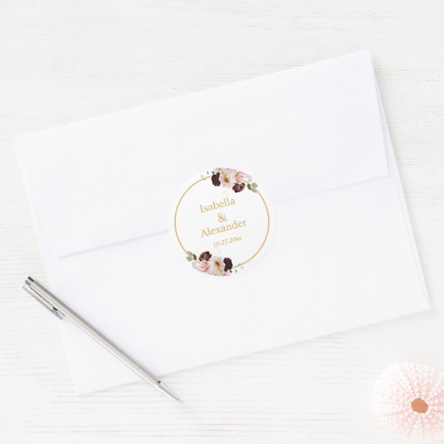 Adesivo Redondo Blush Peony e Dourado Casamento Floral Burgundy (Envelope)