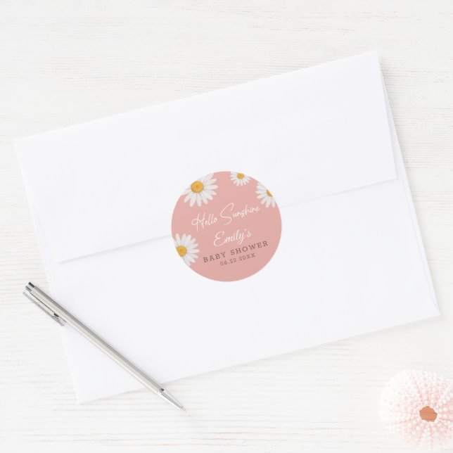 Adesivo Redondo Blush Pink Daisy Hello Sunshine Baby Shower (Envelope)