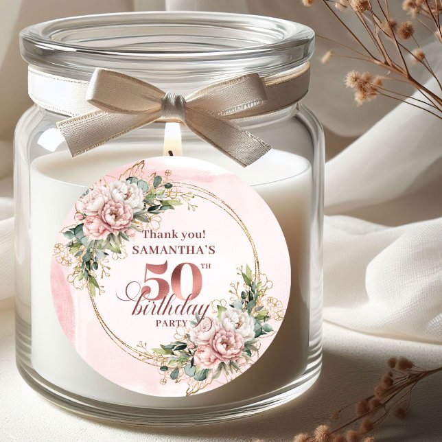 Adesivo Redondo Blush Pink Floral Rose Gold 50th Birthday Stickers (Blush Pink Floral Rose Gold 50th Birthday Stickers)