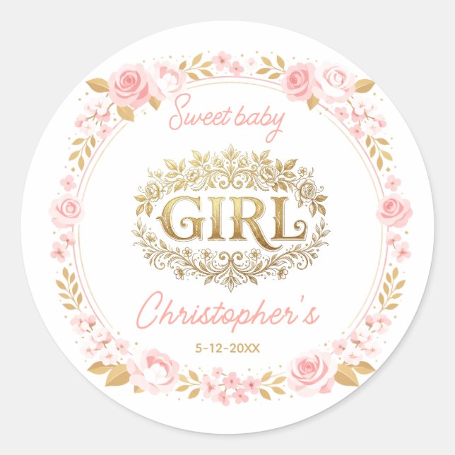 Adesivo Redondo Blush Pink & Gold Floral Girl Baby Shower (Frente)