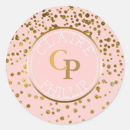 Adesivo Redondo Blush Pink Gold Foil Confetti | Casamento Monogram