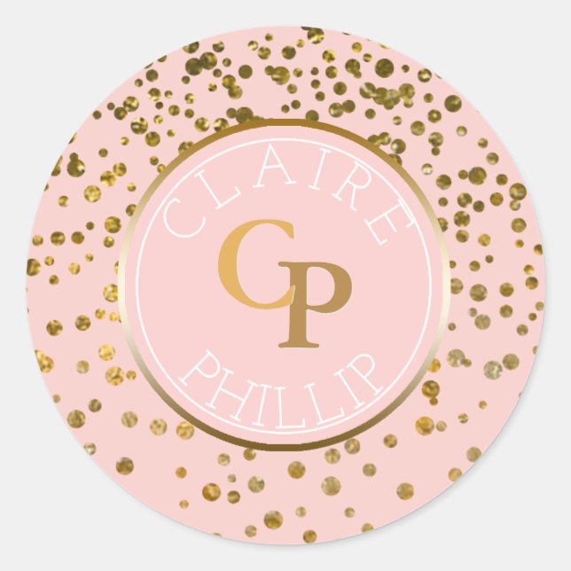 Adesivo Redondo Blush Pink Gold Foil Confetti | Casamento Monogram (Frente)