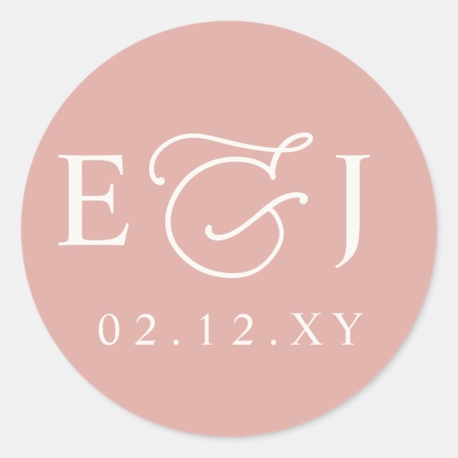 Adesivo Redondo Blush Pink Modern Initials Monogram Wedding (Frente)