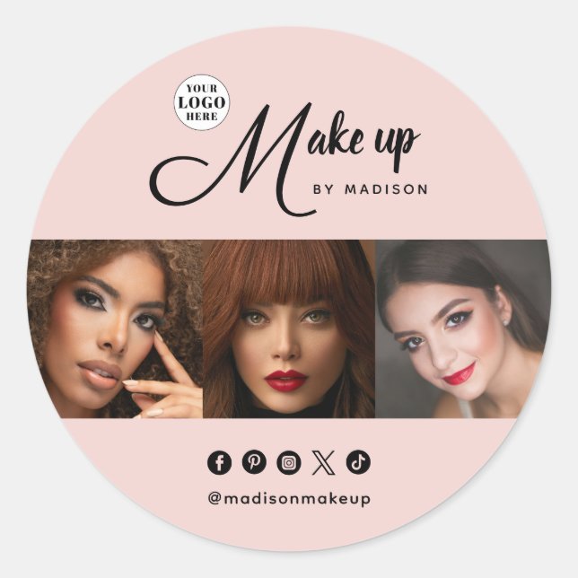 Adesivo Redondo Blush Pink Script Logo Photo Makeup (Frente)