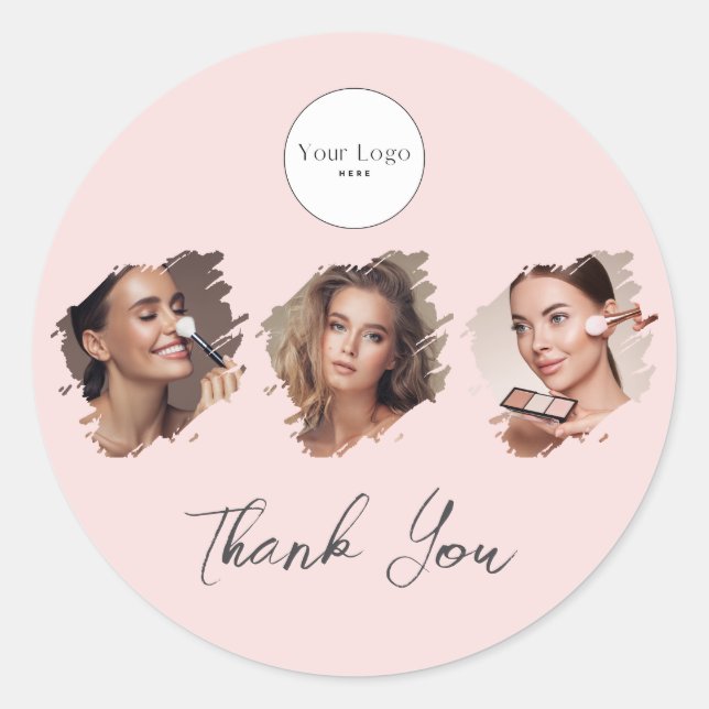 Adesivo Redondo Blush Pink Script Logo Photo Makeup Thank You (Frente)