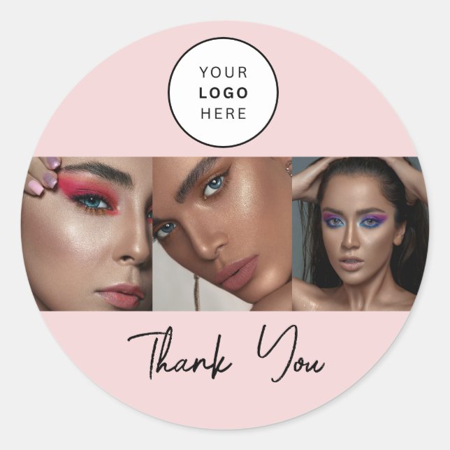 Adesivo Redondo Blush Pink Script Logo Photo Makeup Thank You  (Frente)