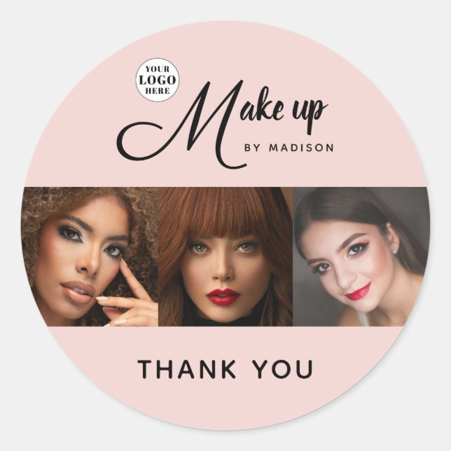 Adesivo Redondo Blush Pink Script Logo Photo Makeup Thank You (Frente)