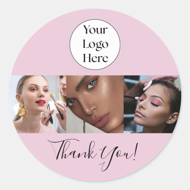 Adesivo Redondo Blush Pink Script Logo Photo Makeup Thank You (Frente)