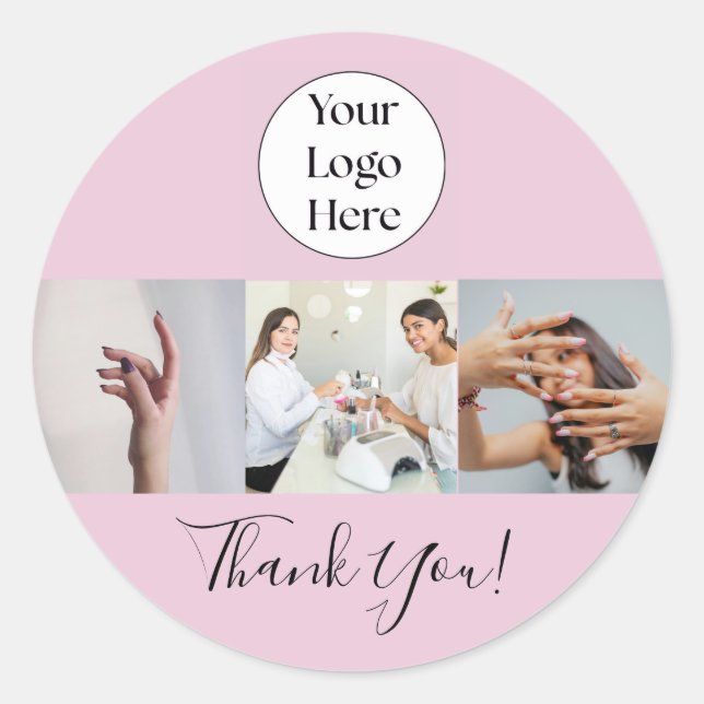Adesivo Redondo Blush Pink Script Logo Photo Nail Salon Thank You (Frente)
