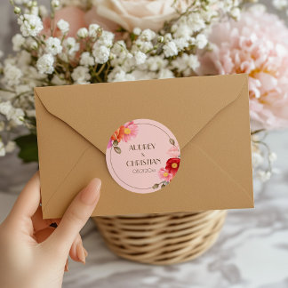 Adesivo Redondo Blush Pink Watercolor Poppy Wedding Sticker