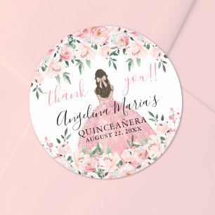 Adesivo Redondo Blush Rosa Agradecimento Floral Quinceanera
