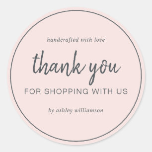 Adesivo Redondo Blush Rosa Chique Script Agradecemos Sua Compra