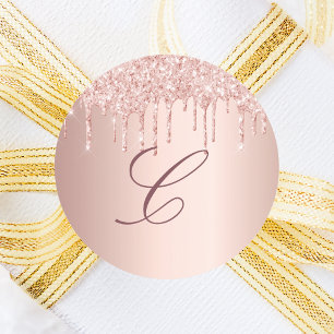 Adesivo Redondo Blush rosa dourado goteja monograma inicial