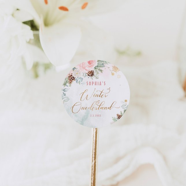 Adesivo Redondo Blush rosa inverno onederland menina aniversário (Criador carregado)