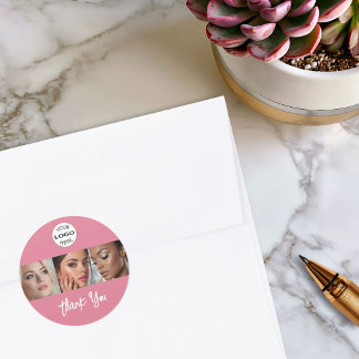 Adesivo Redondo Blush Rosa Logotipo Script Foto Maquiagem Obrigado