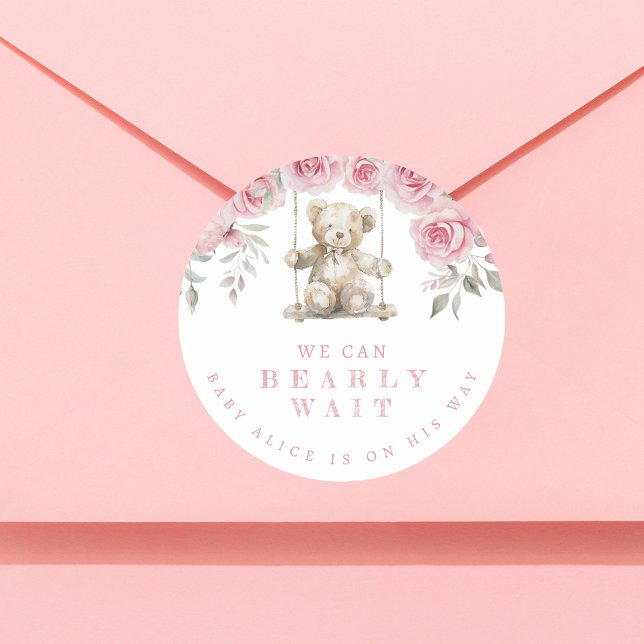 Adesivo Redondo Blush Teddy Bear Podemos Ampliar O Chá de fraldas  (Criador carregado)