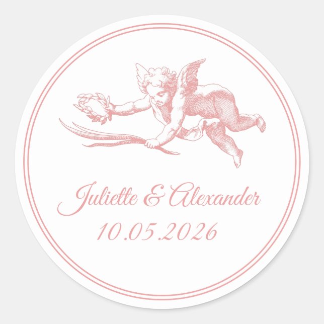 Adesivo Redondo Blush Toile de Jouy Cupid Wedding Favor Stickers (Frente)