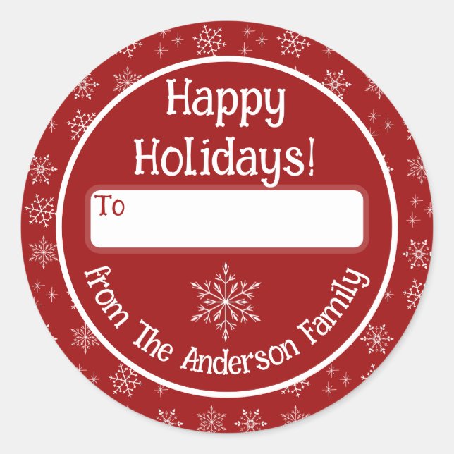 Adesivo Redondo Boas Férias Red Sticker com Flocos de Neve (Frente)