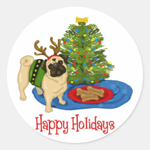 Adesivo Redondo Boas Festas de Natal, Reindeer Pug Stickers