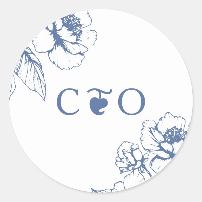 Adesivo Redondo Boas Iniciais do Jardim Floral Azul Clássico Vinta (Frente)