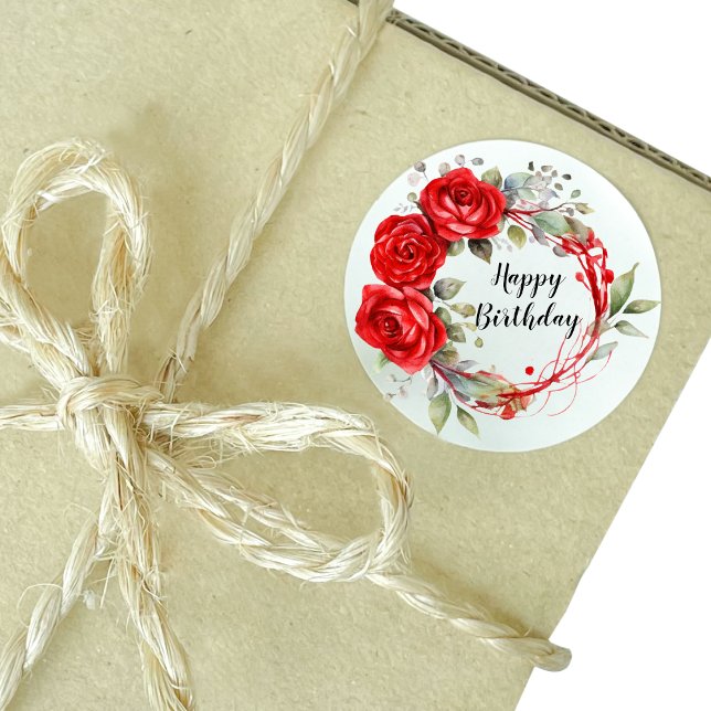 Adesivo Redondo Boas Rosas vermelhas de aniversário (Happy Birthday Red Roses Round Sticker)