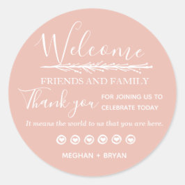 Adesivo Redondo Boas-vindas à família, casamento rosa